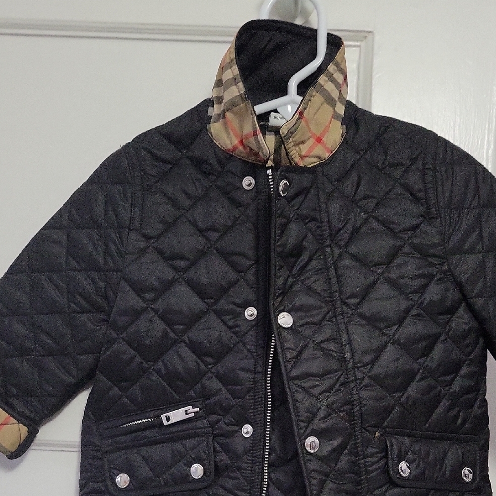 Black Quilted Jacket with Plaid Collar Burberry